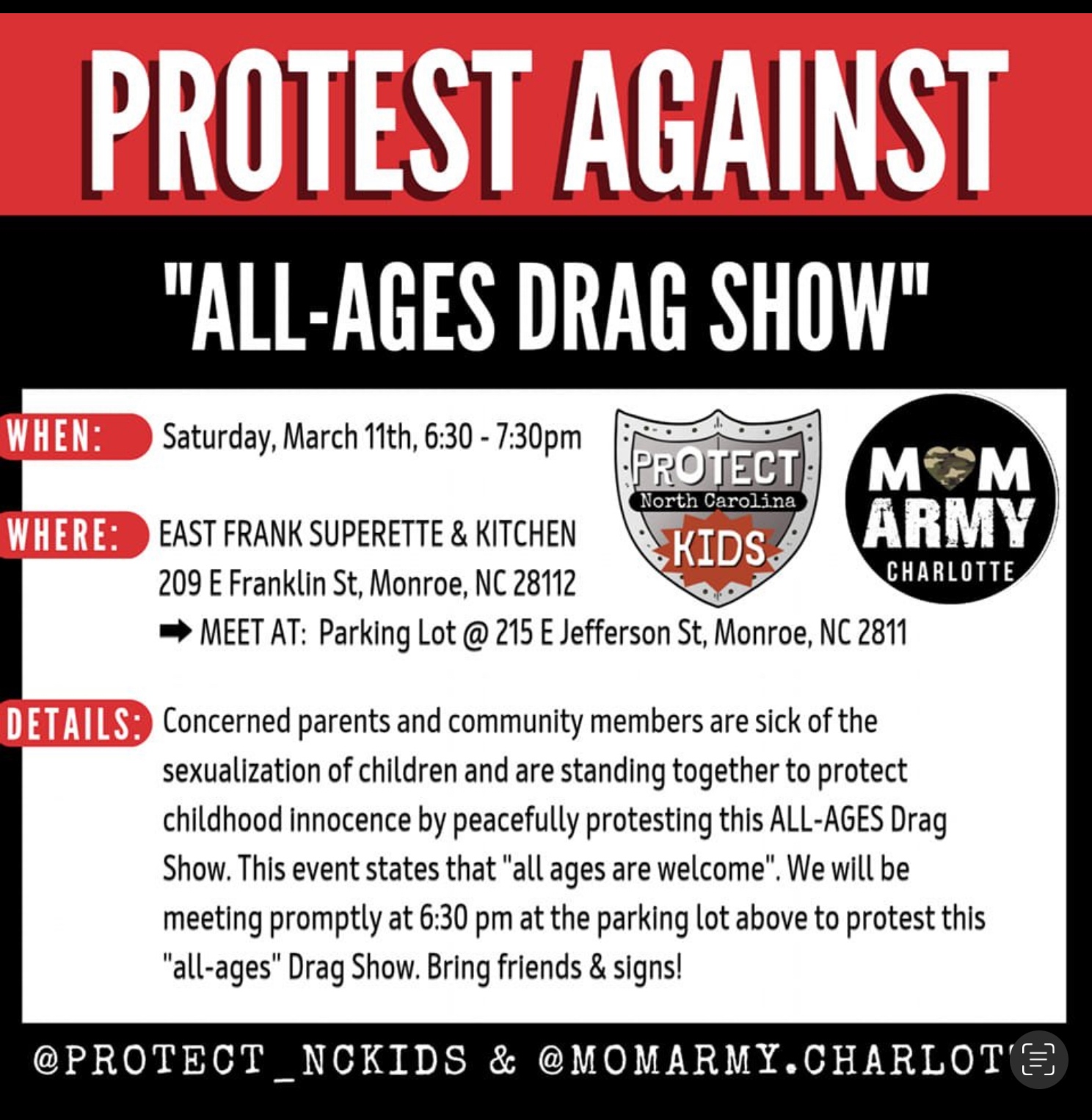 mom army protest of drag show